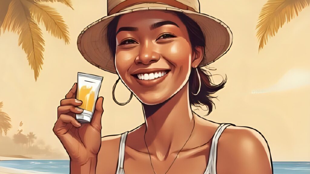 Best Skincare Tips for Sensitive Skin woman put the sunscreen cream to her face infront of the sea