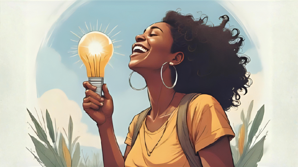 happy woman handed light in her hand 