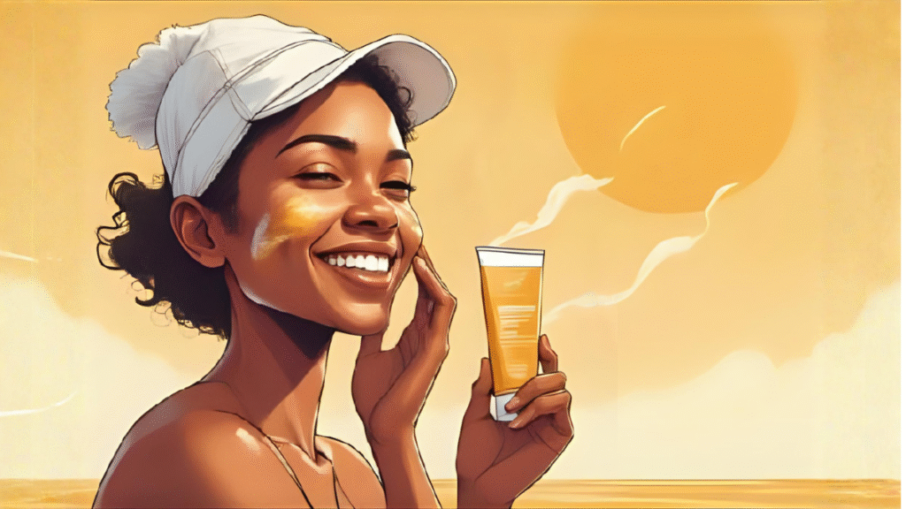 Oily? Not Anymore. Just Glow! woman infront of the sea putting sunscreen on her face