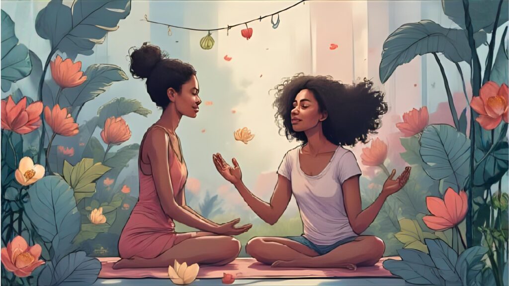 two woman relaxing and taking breath 