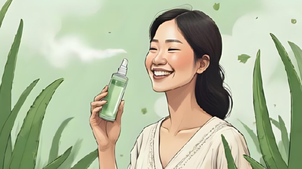 aloe vera spray woman put it in her face in the morning 