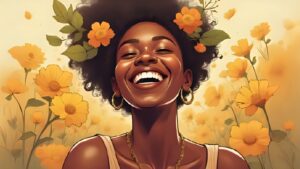 brown woman looks happy she has orange flowers