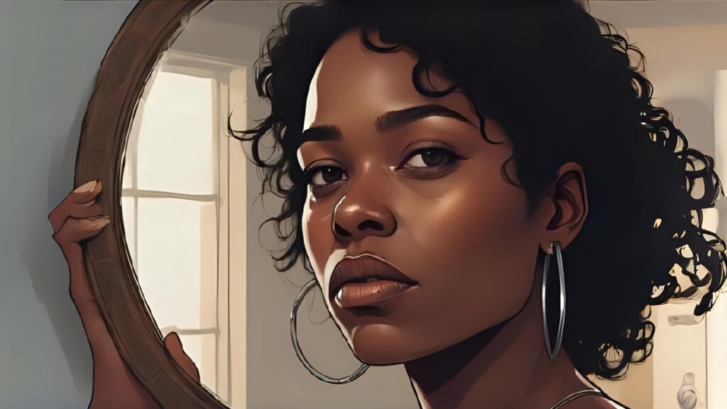 woman has brown skin looking forward has thirty years old 